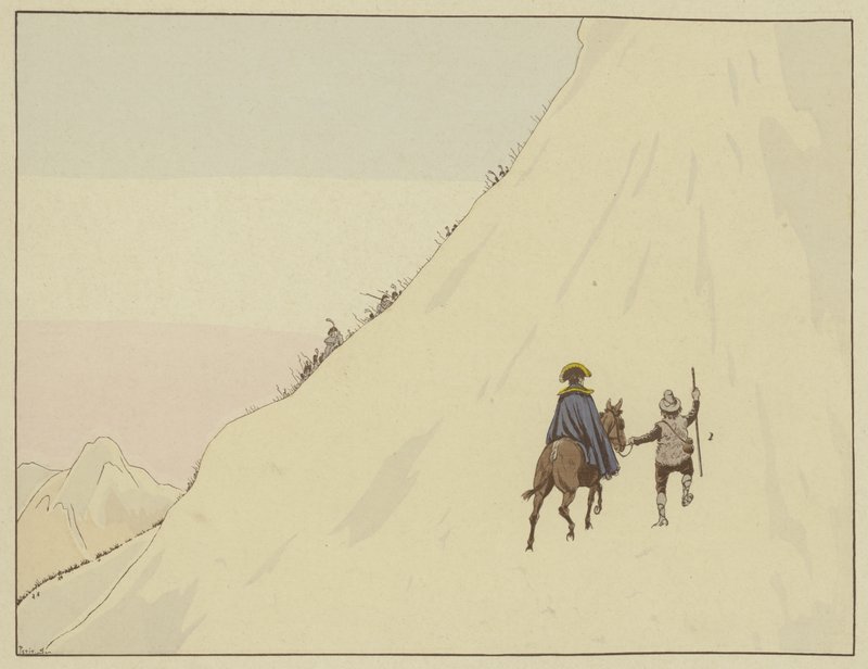Napoleão passou o Mont St Bernard montando uma mula, guiado por um jovem que ele recompensou generosamente, 16 de maio de 1800 de Onfray de Breville Job