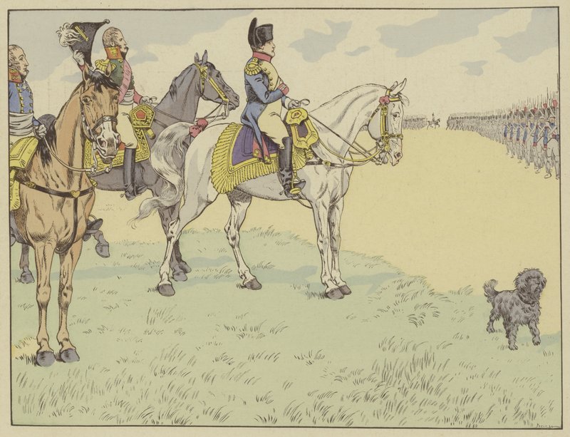 Napoleão revendo o exército francês depois de assinar os Tratados de Tilsit, 7 de julho de 1807 de Onfray de Breville Job