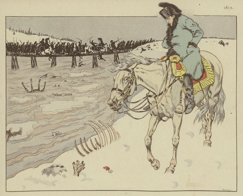 Napoleão observando os restos mortais de seu Grand Armee batendo no Rio Berezina no retiro de Moscou, 1812 de Onfray de Breville Job