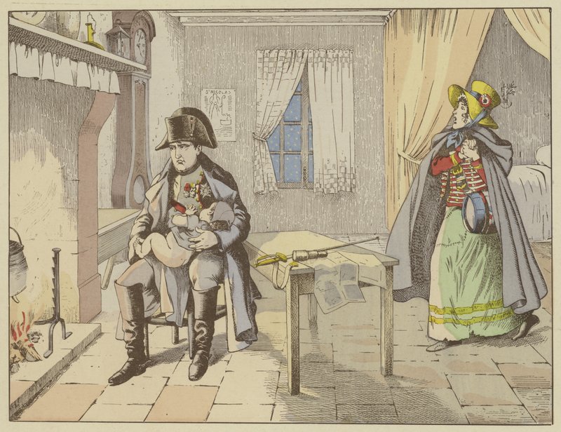 Na noite da Batalha de Champaubert e na véspera de Montmirail, um Napoleão pensativo balança o bebê de um cantiniere, 10-11 fevereiro 1814 de Onfray de Breville Job