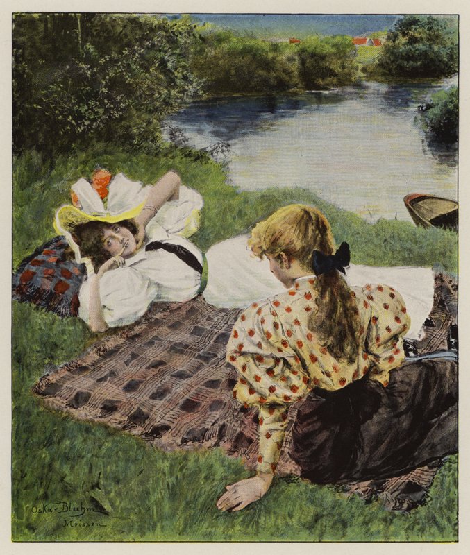 Duas jovens mulheres relaxando na margem de um rio discutindo estar apaixonadas (cor litho) de Oscar Bluhm