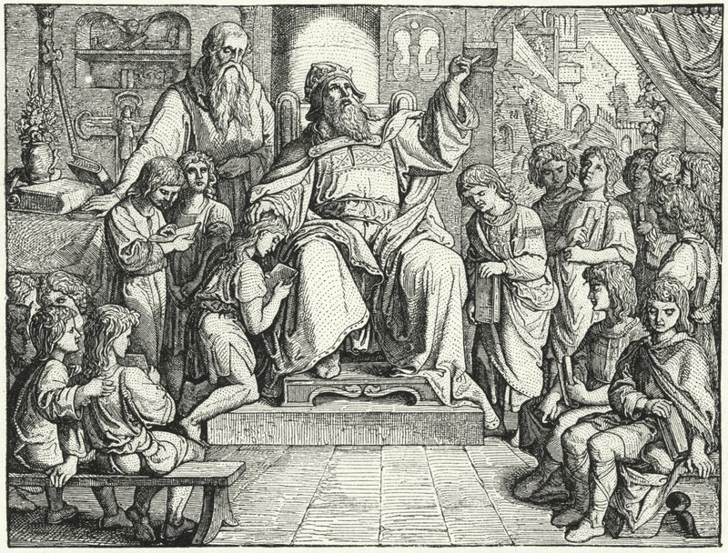 Charlemagne ensinando crianças em sua corte de Oskar Pletsch