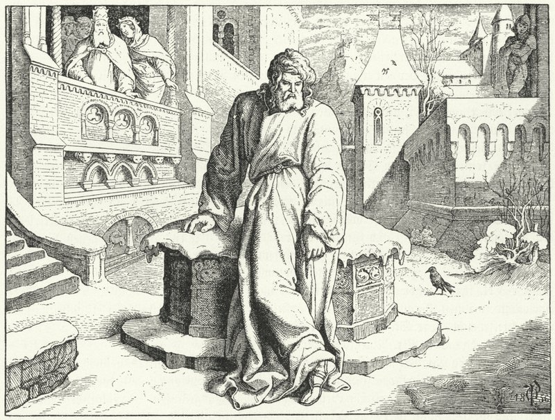 O Sacro Imperador Romano-Germânico Henrique IV, no pátio do Castelo de Canossa, na Itália, disfarçado de penitente para implorar o perdão do Papa Gregório VII, 1077 de Oskar Pletsch