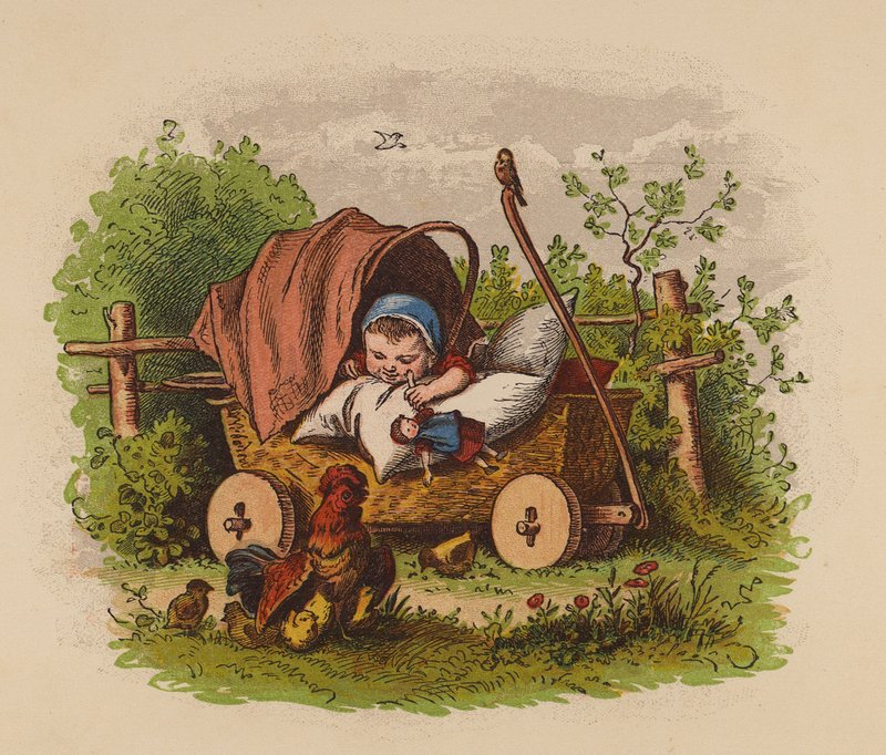Bebé em carrinho de bebé (litografia a cores) de Oskar Pletsch
