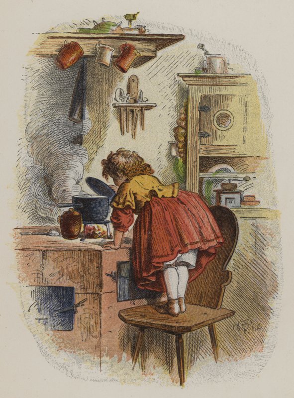 Menina a olhar para uma caçarola num fogão (cor litho) de Oskar Pletsch