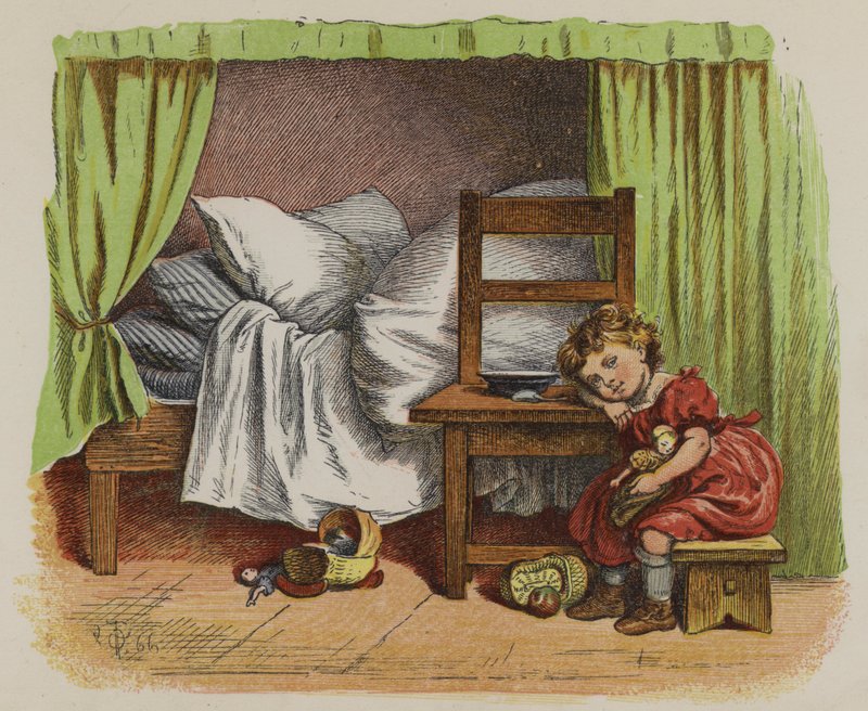 Menina sentada ao lado da sua cama (cor litho) de Oskar Pletsch