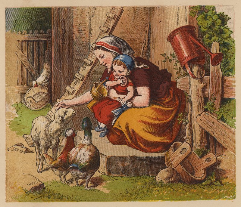 Animais de estimação da mãe (litografia a cores) de Oskar Pletsch