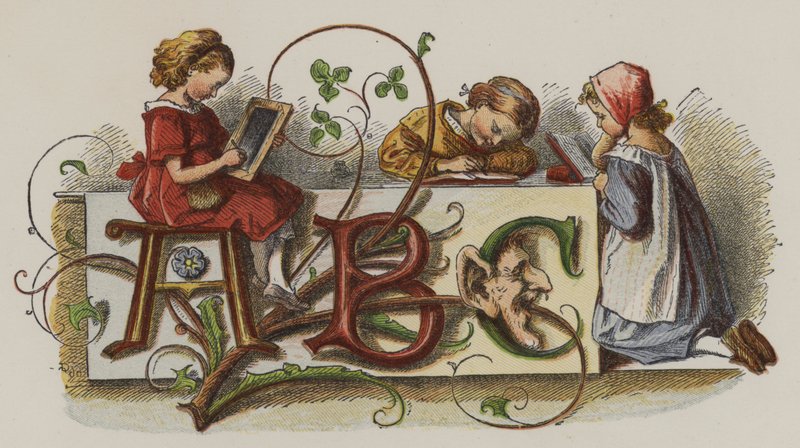 Três meninas praticando a sua escrita (cor litho) de Oskar Pletsch