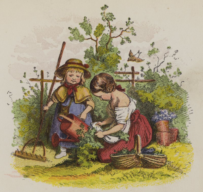 Duas meninas jardinagem (cor litho) de Oskar Pletsch