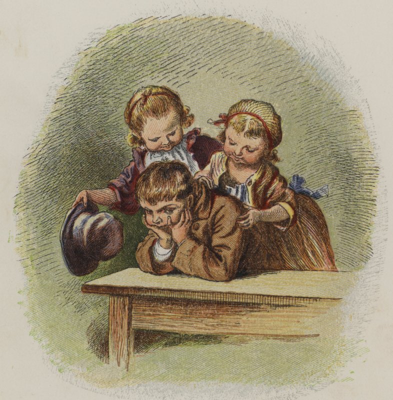 Duas garotinhas tentando animar um garoto mal-humorado (cor litho) de Oskar Pletsch