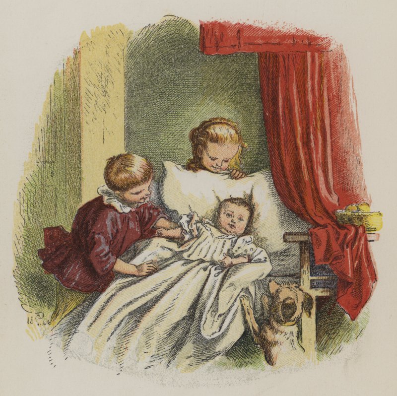 Menino e menina observando um bebê (cor litho) de Oskar Pletsch