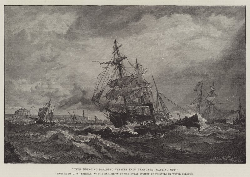Rebocadores trazendo navios deficientes para Ramsgate, expulsando de Oswald Walters Brierly