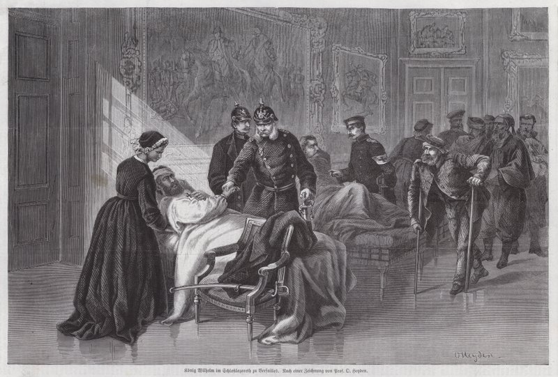 Rei Wilhelm I da Prússia encontra soldados feridos no Palais de Versailles, França, Guerra Franco-Prussiana de Otto Johann Heinrich Heyden