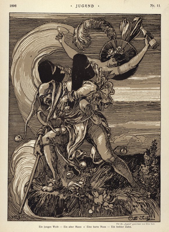 Uma mulher jovem - um homem velho - uma noz dura - um dente oco (litho) de Otto Seitz