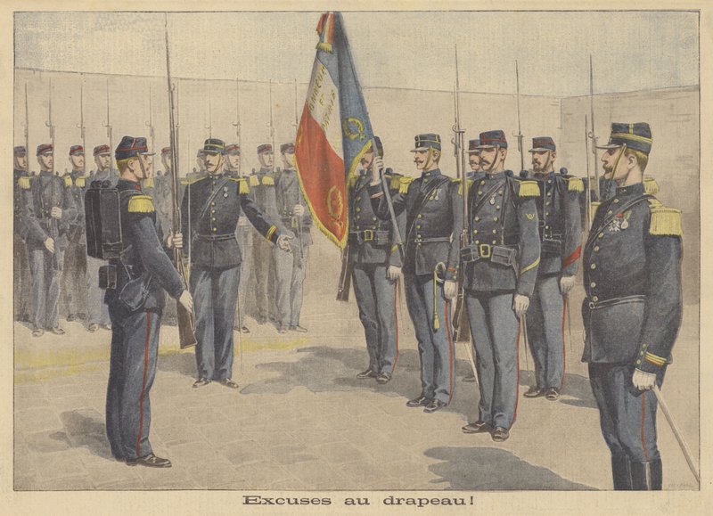 Um soldado feito para aplaudir a bandeira francesa por ter insultado de P.H.G.V. Michel