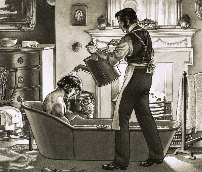 Um homem a ser banhado pelo seu criado de Pat (1907-95) Nicolle