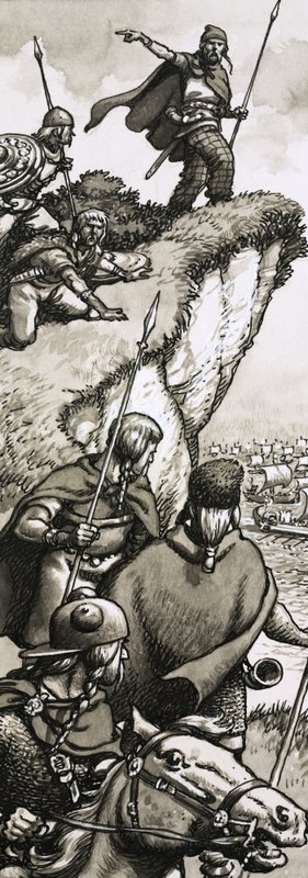 Os bretões observam a chegada das legiões romanas de Pat (1907-95) Nicolle