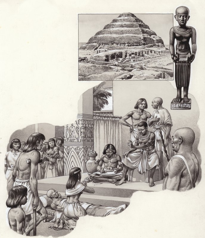 Imhotep "o bom médico" a dar conselhos a um homem doente (guache sobre papel) de Pat (1907-95) Nicolle