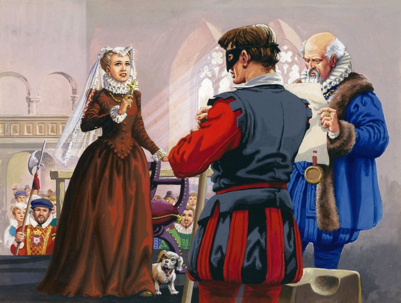 Mary Queen of Scots prestes a ser decapitada no Castelo de Fotheringay (guache sobre papel) de Pat (1907-95) Nicolle