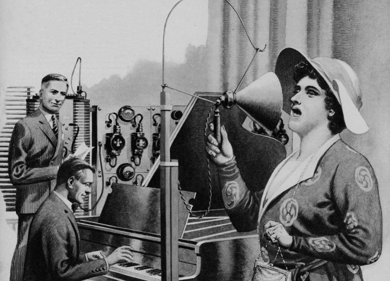 Nellie Melba a atuar para a rádio (litografia) de Pat (1907 95) Nicolle