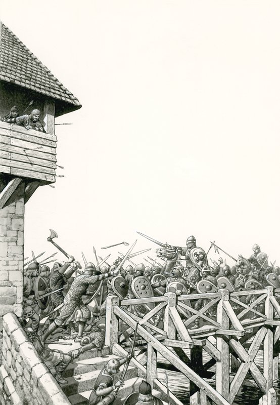 Conquista Normanda: tropas avançando pelo Tamisa (guache sobre papel) de Pat (1907-95) Nicolle