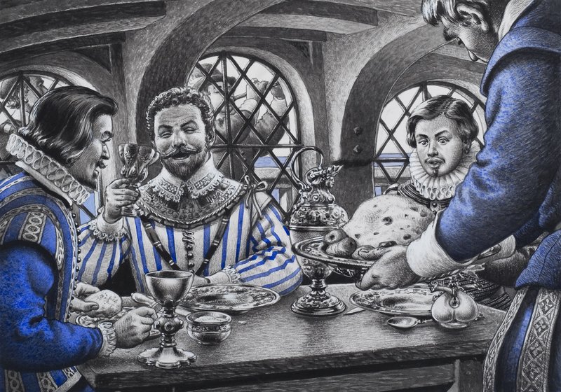 Sir Francis Drake (1540-96) à mesa (guache sobre papel) de Pat (1907-95) Nicolle