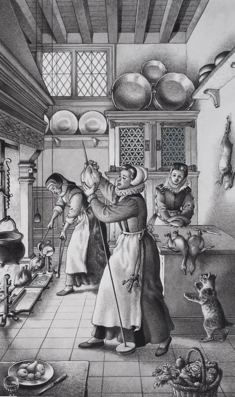 Cozinha do século XVI (guache sobre papel) de Pat (1907-95) Nicolle