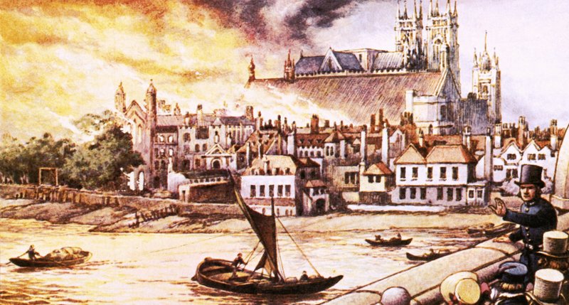 As antigas Casas do Parlamento foram destruídas por um incêndio em 1834 de Pat (1907-95) Nicolle