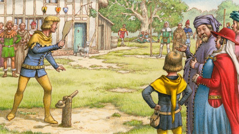 Trap-ball, como poderia ter sido visto pelos peregrinos de Chaucer (guache sobre papel) de Pat (1907-95) Nicolle