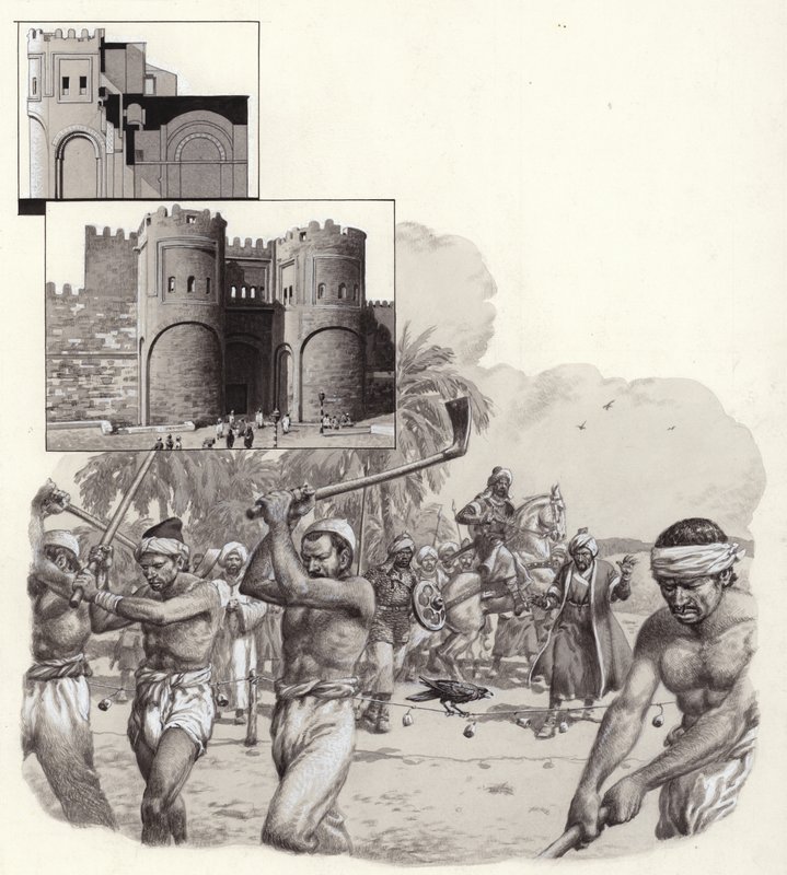As obras das primeiras muralhas do Cairo começaram em 969 d.C. (guache sobre papel) de Pat (1907-95) Nicolle