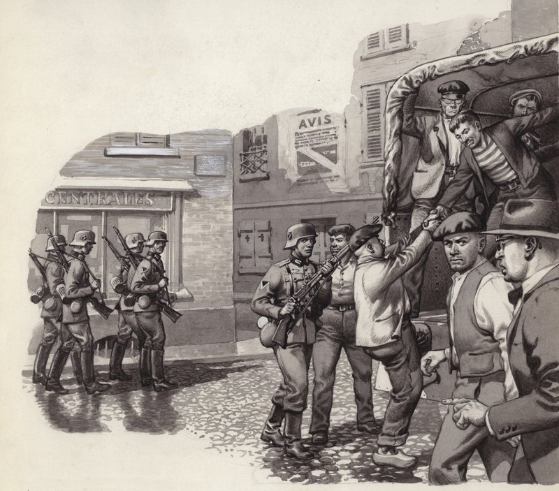 Um soldado alemão a ajudar prisioneiros a fugir de um camião (guache sobre papel) de Pat (1907 95) Nicolle