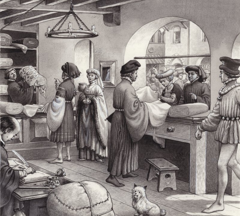 Loja de um comerciante de tecidos na Itália renascentista (guache sobre papel) de Pat (1907 95) Nicolle