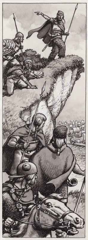 Antigos bretões a avistar as forças invasoras de Júlio César em 55 a.C. (guache sobre papel) de Pat (1907-95) Nicolle