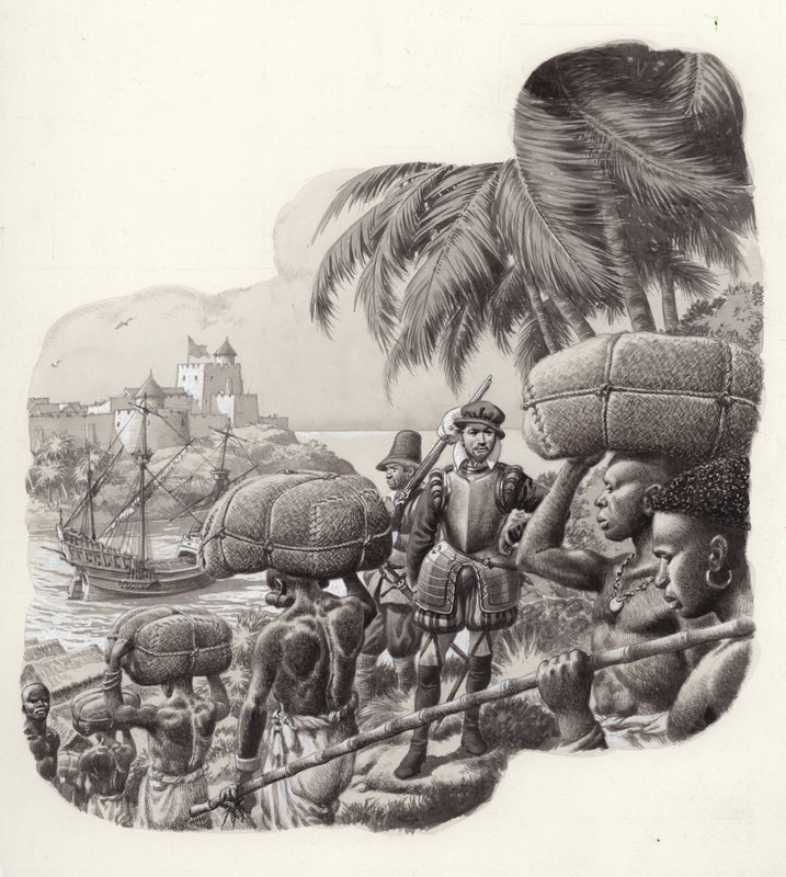 Castelo construído por comerciantes europeus na África Ocidental (guache sobre papel) de Pat (1907 95) Nicolle