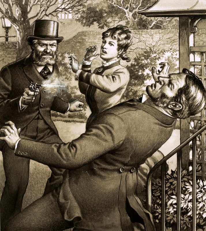 Charles Peace, o famoso ladrão e assassino, dispara sobre uma das suas vítimas (guache sobre papel) de Pat (1907 95) Nicolle