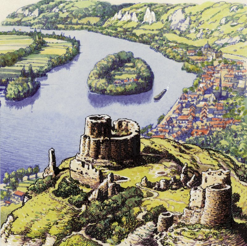 Chateau Gaillard, também conhecido como o Novo Castelo do Rochedo (guache sobre papel) de Pat (1907 95) Nicolle