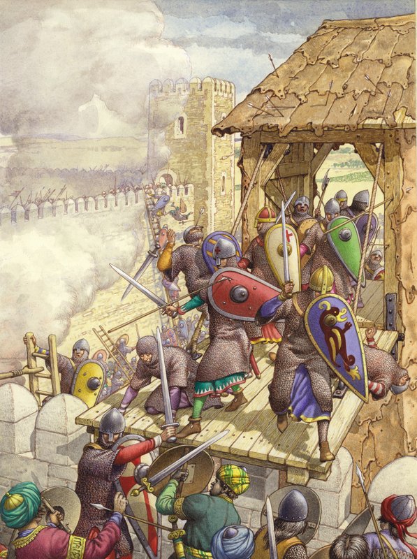 As forças de Godofredo de Bouillon invadem as muralhas de Jerusalém (guache sobre papel) de Pat (1907 95) Nicolle