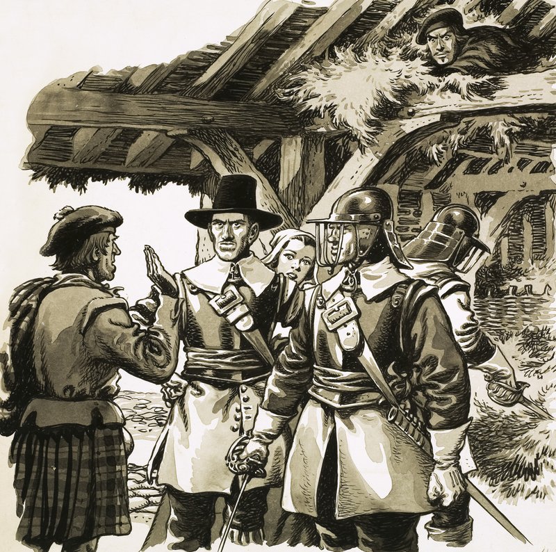 Escondido no palheiro de um agricultor, o Marquês de Montrose ouvia os soldados que o procuravam de Pat (1907 95) Nicolle