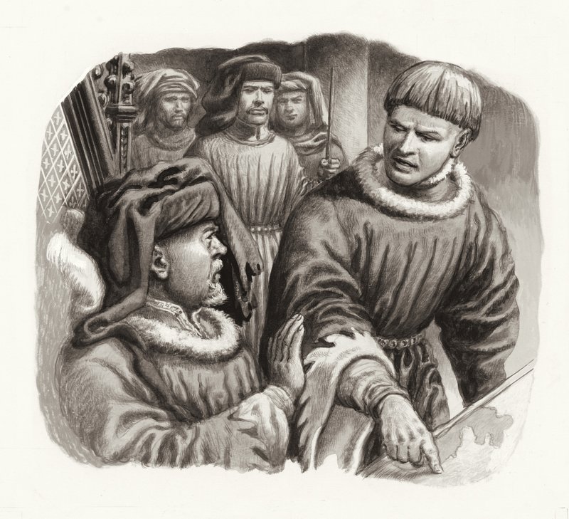 O rei Henrique IV e o príncipe Hal (guache sobre papel) de Pat (1907-95) Nicolle