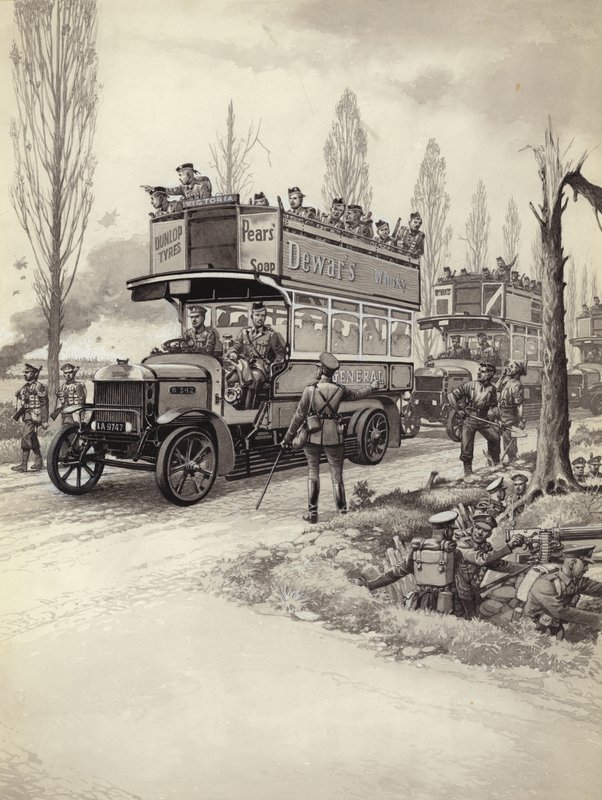 Autocarros londrinos utilizados para levar as tropas para a frente durante a I Guerra Mundial (guache sobre papel) de Pat (1907 95) Nicolle