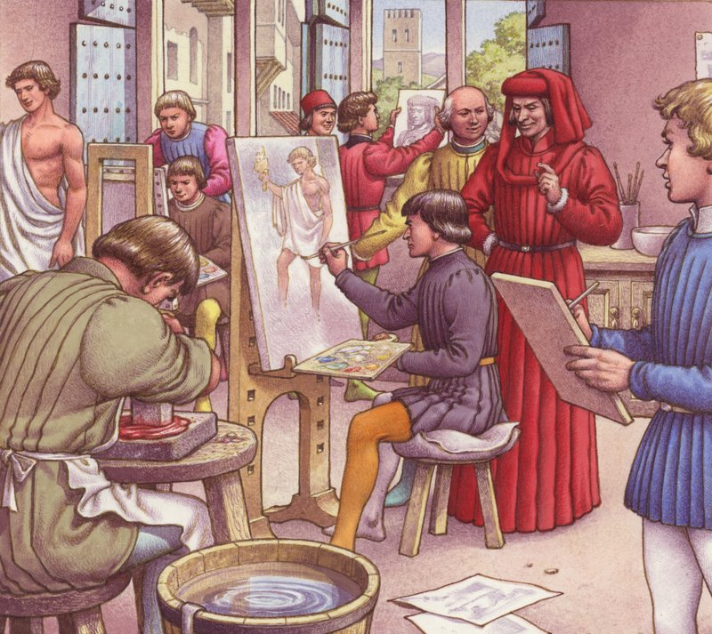 Lorenzo de Medici visita a escola de artistas (guache sobre papel) de Pat (1907 95) Nicolle