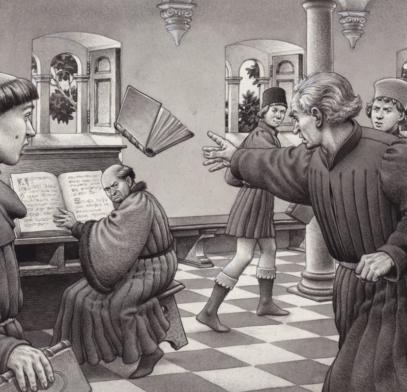 Poggio Bracciolini atira um livro a um colega académico, Tortelli (guache sobre papel) de Pat (1907 95) Nicolle