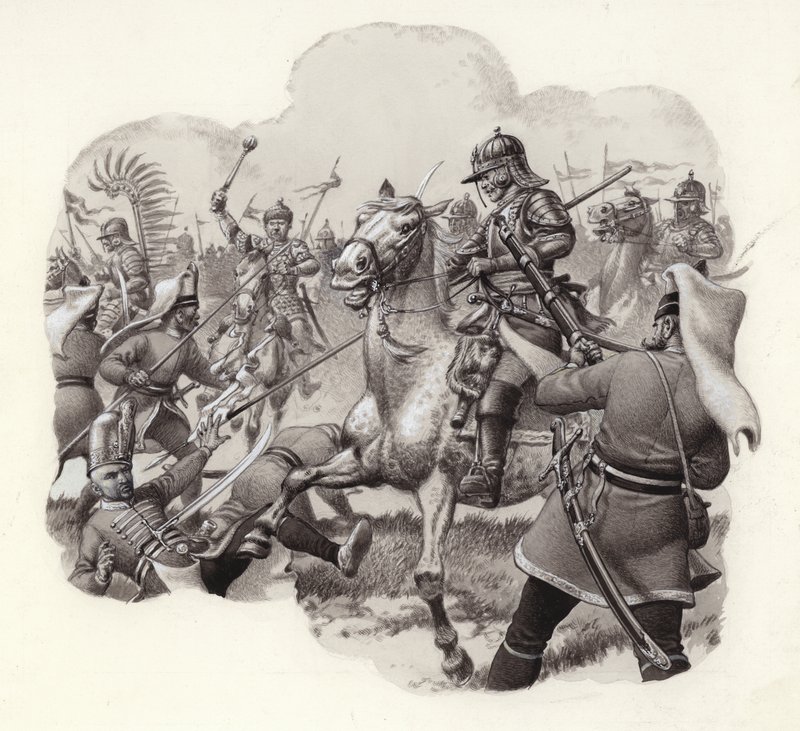 Batalha da cavalaria polaca contra os regimentos janízaros turcos em Viena, em 1683 (guache sobre papel) de Pat (1907 95) Nicolle