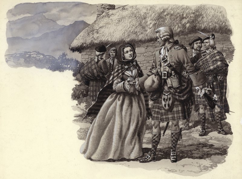 O Príncipe Carlos Stuart, o Jovem Pretendente, e Flora Macdonald (guache sobre papel) de Pat (1907 95) Nicolle