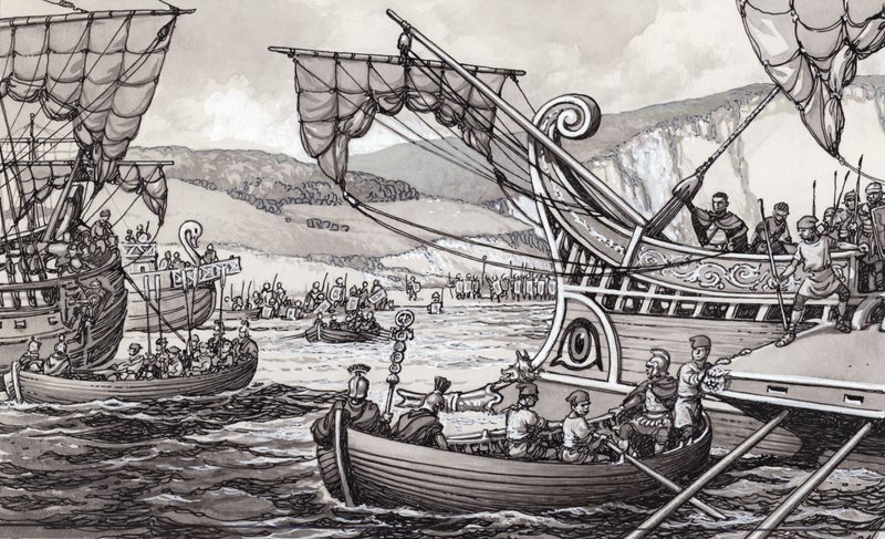Os romanos invadindo a Inglaterra em 55 a.C. sob o comando de Júlio César (guache sobre papel) de Pat (1907 95) Nicolle
