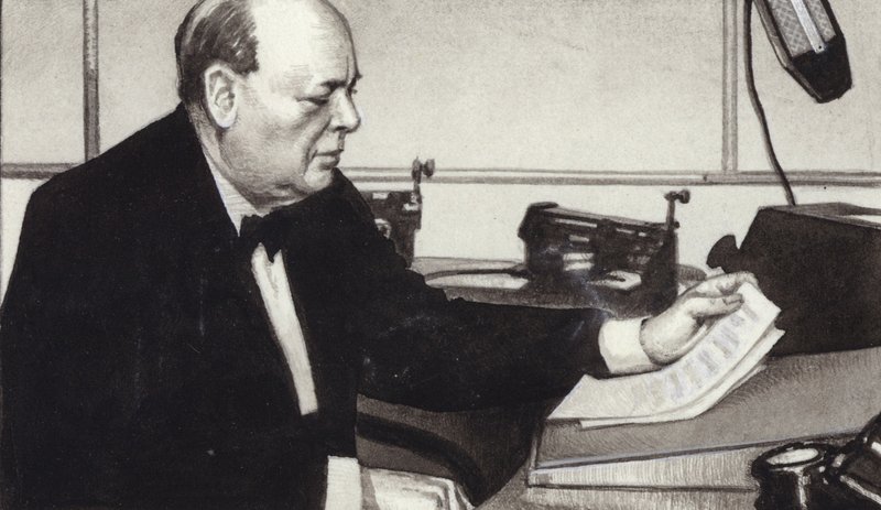 Winston Churchill faz uma das suas famosas transmissões radiofónicas em tempo de guerra (guache sobre papel) de Pat (1907 95) Nicolle