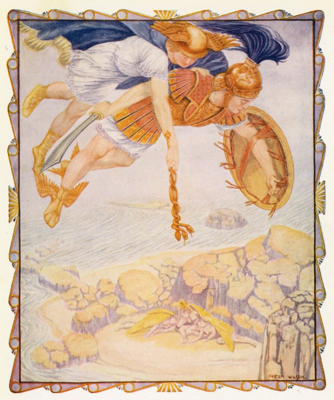 Perseu vê as górgonas (litografia a cores) de Patten (after) Wilson