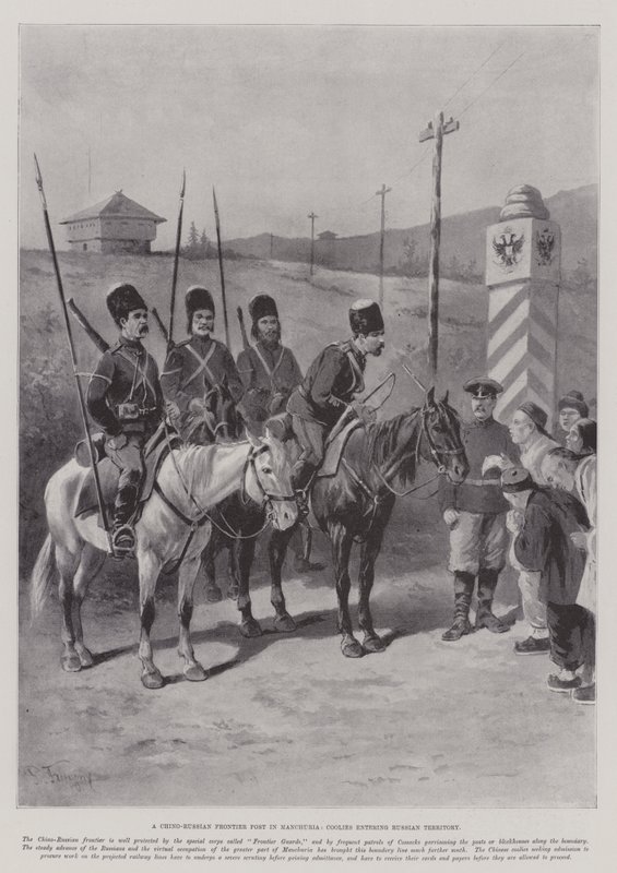 Um posto de fronteira chino-russo na Manchúria, coolies entrando no território russo de Paul Frenzeny