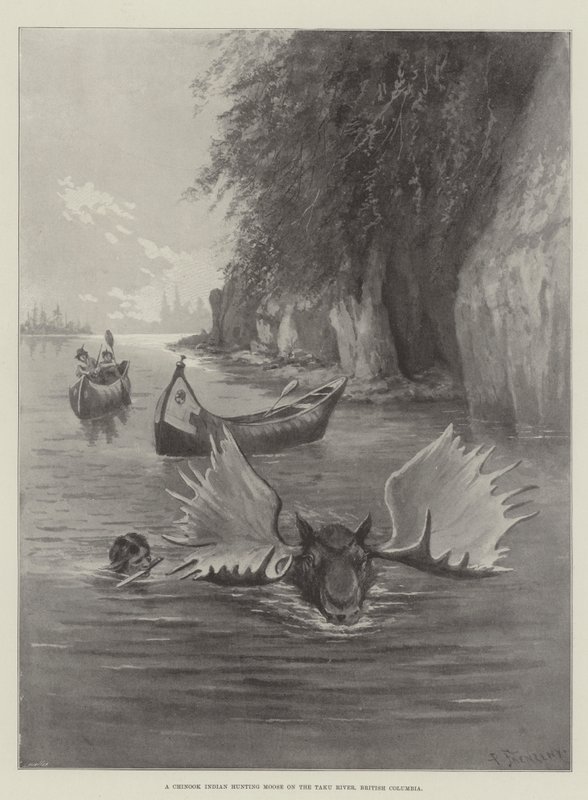 Um, indianas chinook, caça, alces, ligado, a, rio taku, columbia britânica de Paul Frenzeny