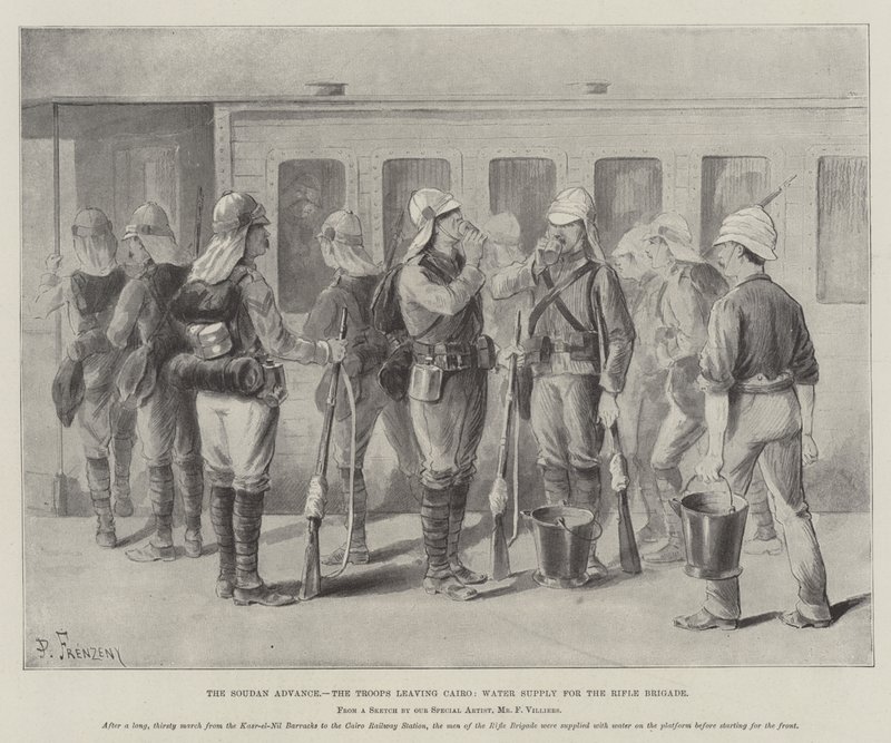 O Soudan Advance, as tropas que deixam o Cairo, abastecimento de água para a Brigada de Fuzileiros de Paul Frenzeny